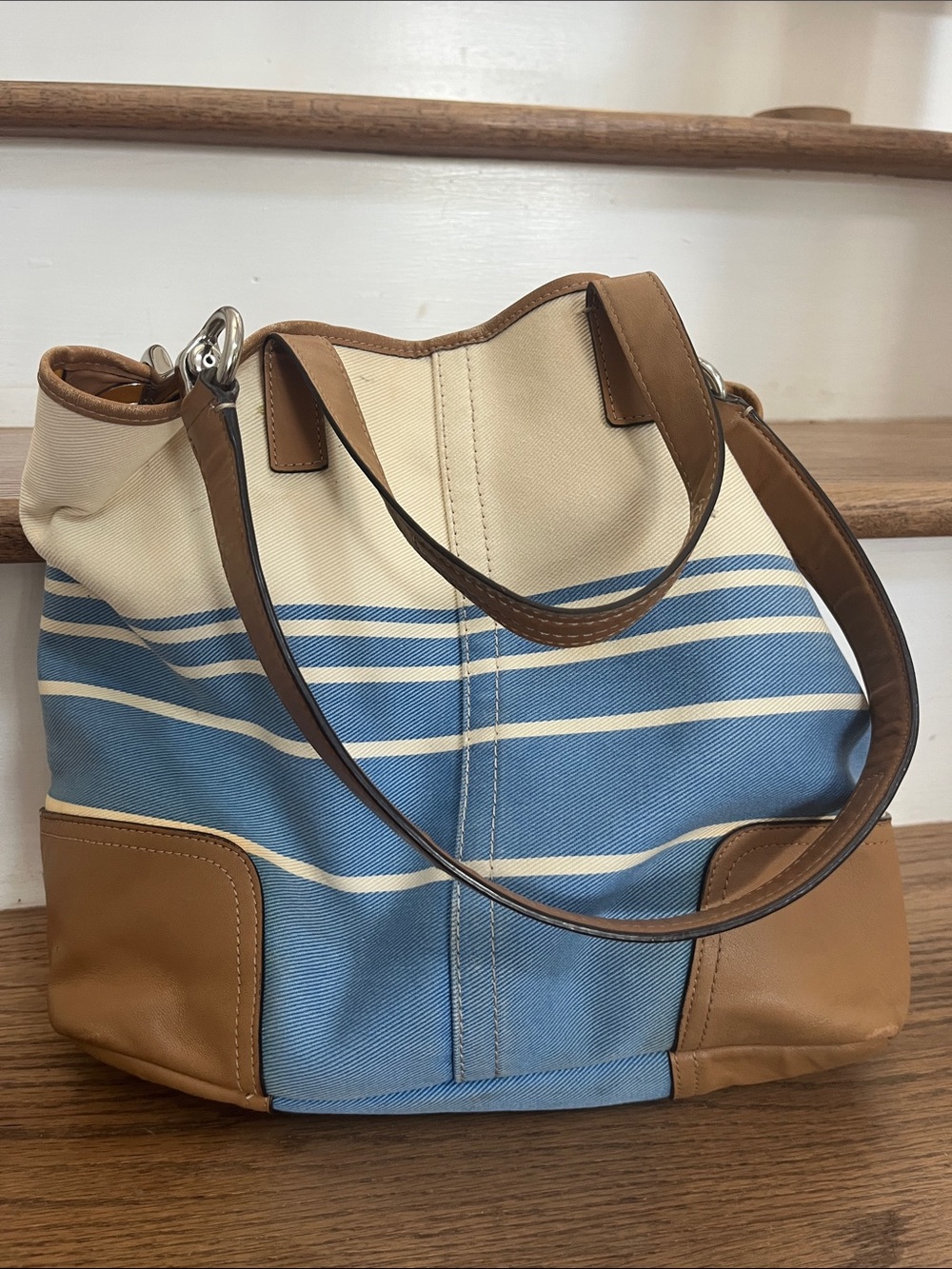 Coach Canvas & Leather Tote in Blue, Cream & Tan